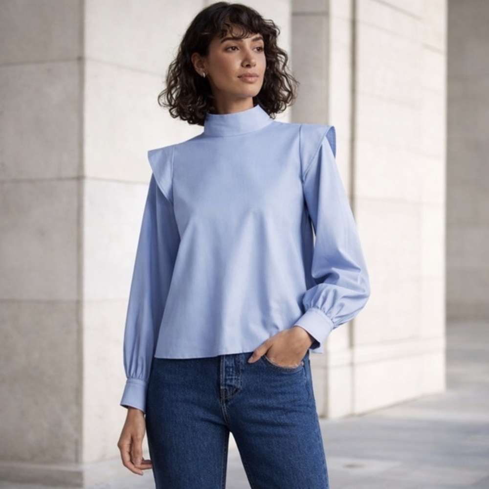 Everlane Sky Blue Mock Neck Blouse Ruffle Shoulder Bishop Sleeve NWOT 8 #2548-9